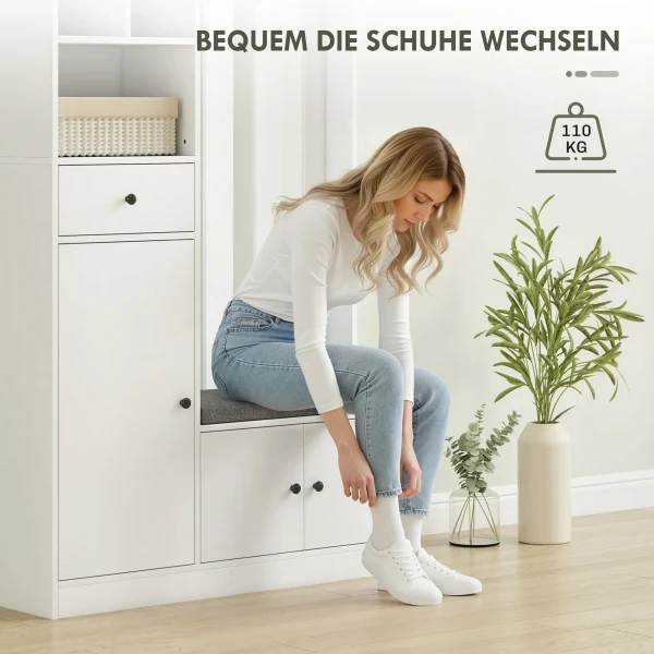 180 Cm Garderobekast Met Kledingrek, Schoenenbank, 4 Haken, Open Opbergvakken, MDF, Wit