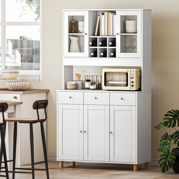 180 Cm Keukenkast, 2 Glazen Deuren, 3 Lades, 4 Verstelbare Planken, Eetkamerkast, Spaanplaat, Wit