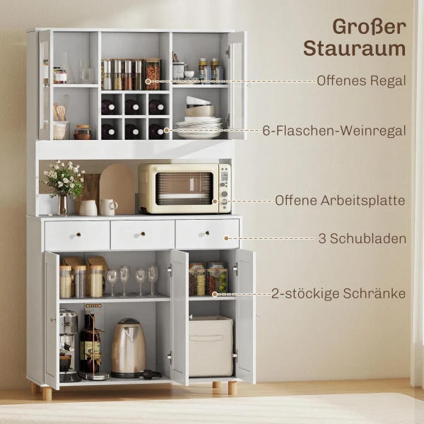 180 Cm Keukenkast, 2 Glazen Deuren, 3 Lades, 4 Verstelbare Planken, Eetkamerkast, Spaanplaat, Wit