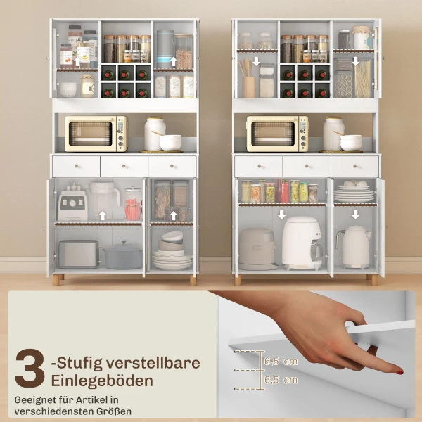 180 Cm Keukenkast, 2 Glazen Deuren, 3 Lades, 4 Verstelbare Planken, Eetkamerkast, Spaanplaat, Wit