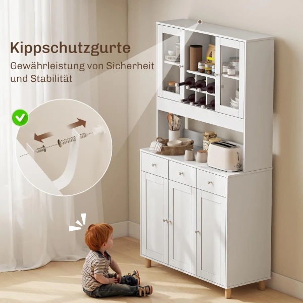 180 Cm Keukenkast, 2 Glazen Deuren, 3 Lades, 4 Verstelbare Planken, Eetkamerkast, Spaanplaat, Wit