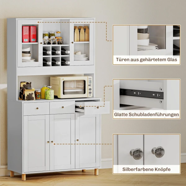 180 Cm Keukenkast, 2 Glazen Deuren, 3 Lades, 4 Verstelbare Planken, Eetkamerkast, Spaanplaat, Wit