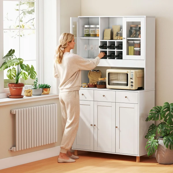 180 Cm Keukenkast, 2 Glazen Deuren, 3 Lades, 4 Verstelbare Planken, Eetkamerkast, Spaanplaat, Wit