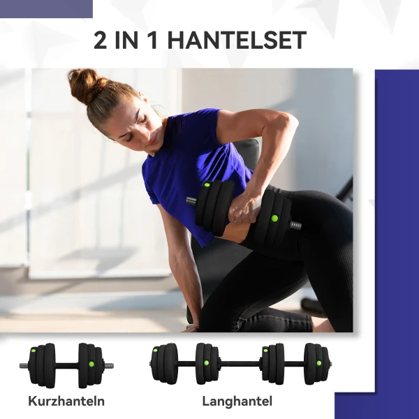 2 in 1 Dumbbell Set, Lange & Korte Dumbbell, 25 Kg, Antislip, Vloerbeschermend, Zwart/Groen