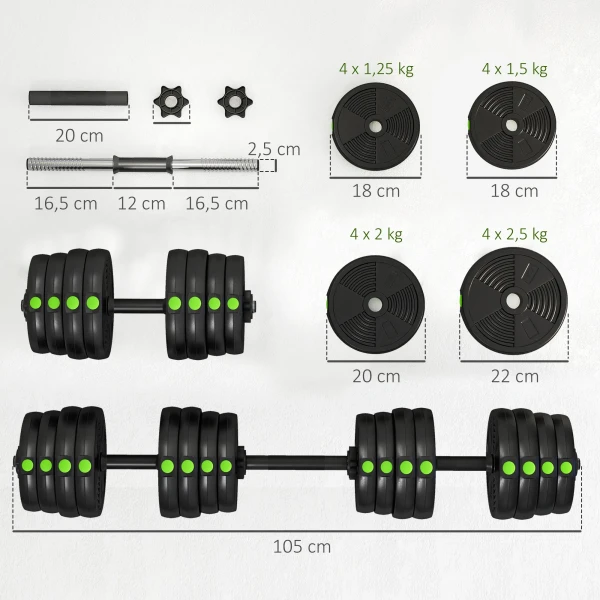 2 in 1 Dumbbell Set, Lange & Korte Dumbbell, 30 Kg, Antislip, Vloervriendelijk, Zwart/Groen
