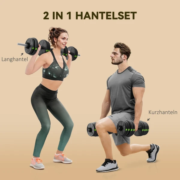 2 in 1 Dumbbell Set, Lange & Korte Dumbbell, 30 Kg, Antislip, Vloervriendelijk, Zwart/Groen