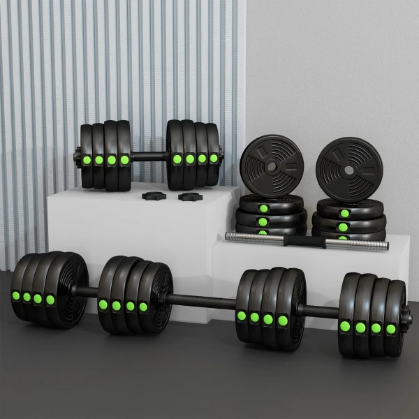 2 in 1 Dumbbell Set, Lange & Korte Dumbbell, 30 Kg, Antislip, Vloervriendelijk, Zwart/Groen