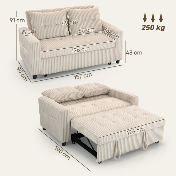 2 zits slaapbank, corduroy bekleding, om te bouwen tot slaapbank, 2 kussens, zijzakken, 157 x 190 cm, crèmewit 4