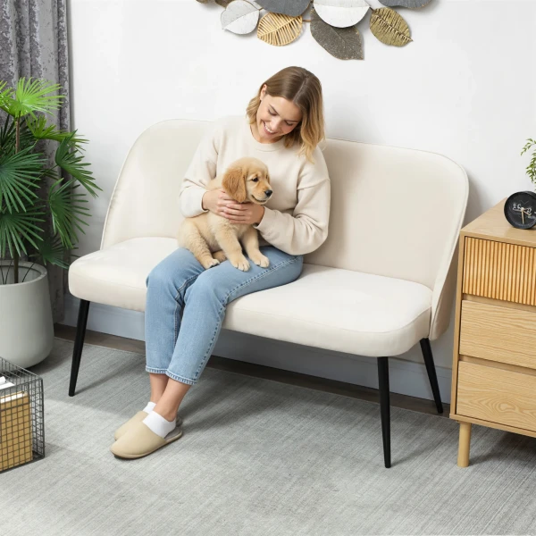 2 zitsbank, Moderne Gestoffeerde Bank Met Metalen En Houten Frame, Fluweelachtige Stoffen Bekleding, Beige