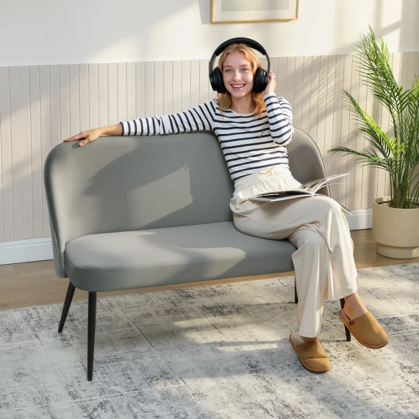 2 zitsbank, Moderne Gestoffeerde Bank Met Metalen En Houten Frame, Fluweelachtige Stoffen Bekleding, Grijs