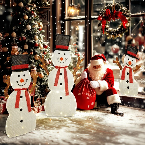 3 delige kerst sneeuwpop familie, buitendecoratie, led verlichting, grondpennen, waterdicht, staal, polyester, wit 2