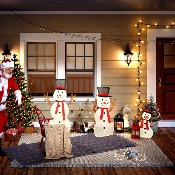 3 delige kerst sneeuwpop familie, buitendecoratie, led verlichting, grondpennen, waterdicht, staal, polyester, wit 8