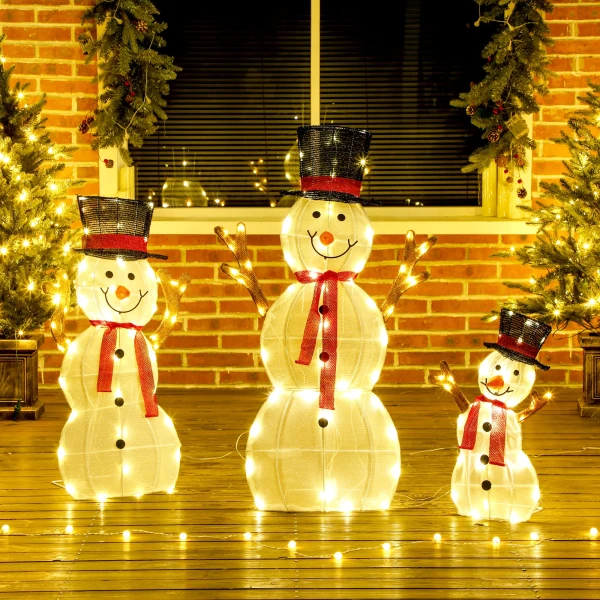 3 delige kerst sneeuwpop familie, buitendecoratie, led verlichting, grondpennen, waterdicht, staal, polyester, wit 9