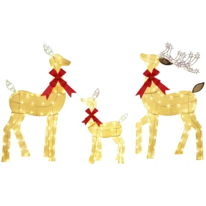 3 delige kerstdecoratie, rendierfamilie met led verlichting, rode strik, staal, polyester, waterdicht 1