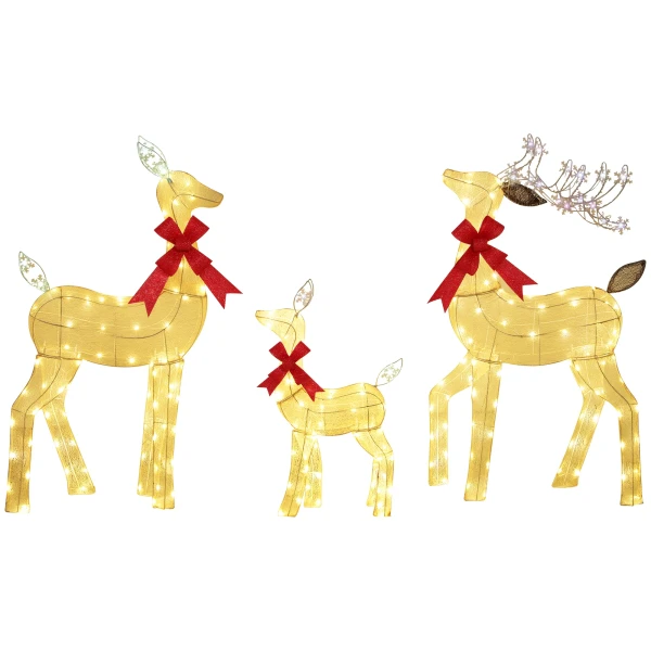3 delige kerstdecoratie, rendierfamilie met led verlichting, rode strik, staal, polyester, waterdicht 1