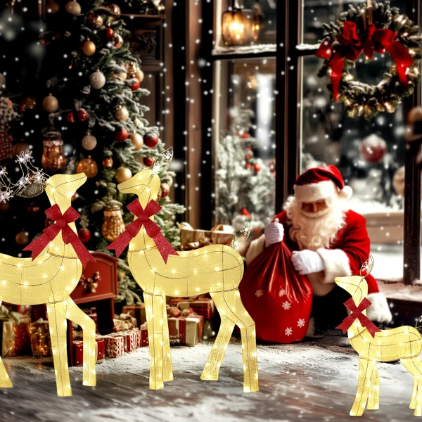 3 delige kerstdecoratie, rendierfamilie met led verlichting, rode strik, staal, polyester, waterdicht 10