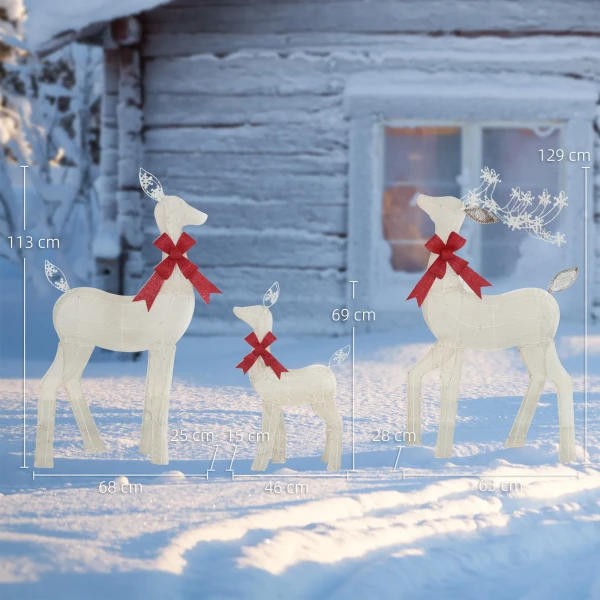 3 delige kerstdecoratie, rendierfamilie met led verlichting, rode strik, staal, polyester, waterdicht 4