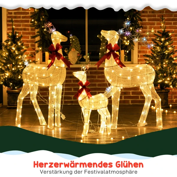 3 delige kerstdecoratie, rendierfamilie met led verlichting, rode strik, staal, polyester, waterdicht 5