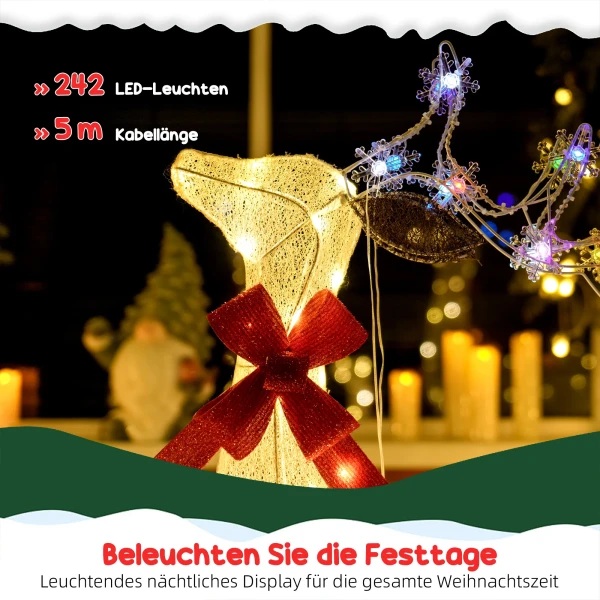 3 delige kerstdecoratie, rendierfamilie met led verlichting, rode strik, staal, polyester, waterdicht 6