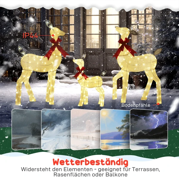 3 delige kerstdecoratie, rendierfamilie met led verlichting, rode strik, staal, polyester, waterdicht 7
