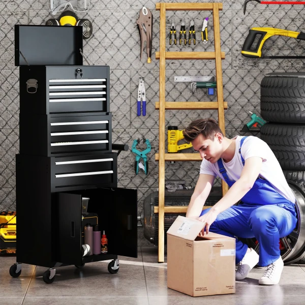 3 in 1 Gereedschapskist, Gereedschapskast Met 4 Wielen, Afsluitbare Gereedschapskist Met 9 Lades, Staal, Zwart