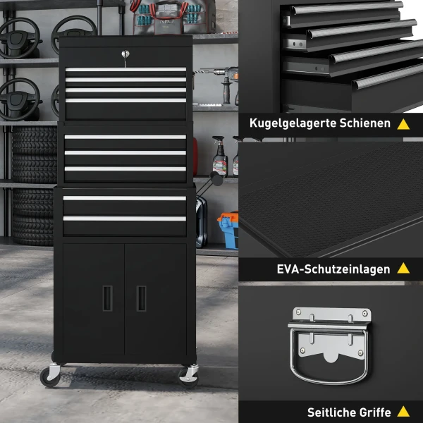 3 in 1 Gereedschapskist, Gereedschapskast Met 4 Wielen, Afsluitbare Gereedschapskist Met 9 Lades, Staal, Zwart