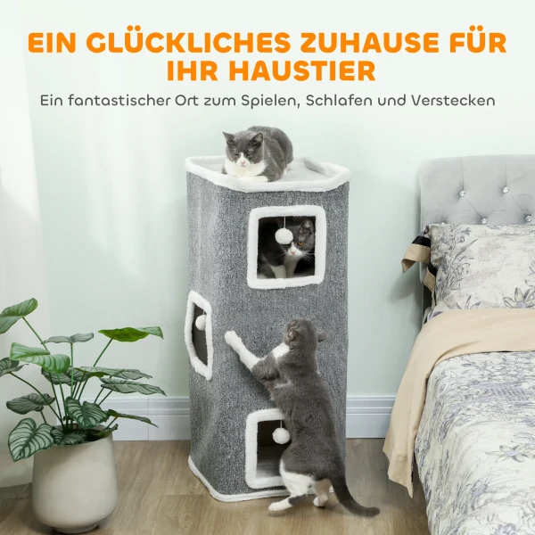 4 laags Kattentoren, Krabpaal Met 3 Holen, Spaanplaat, Speelballen, Grijs