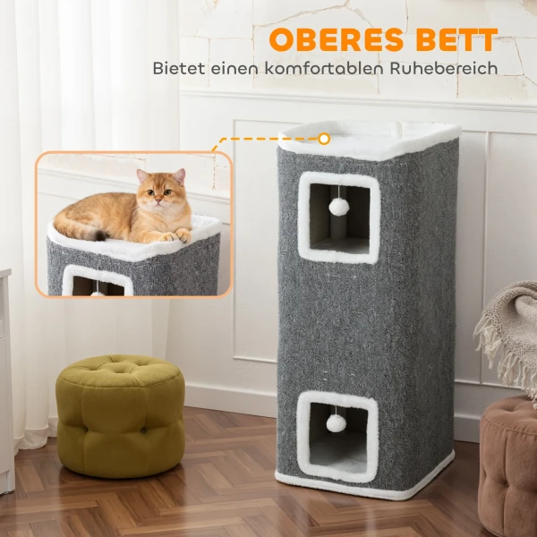 4 laags Kattentoren, Krabpaal Met 3 Holen, Spaanplaat, Speelballen, Grijs