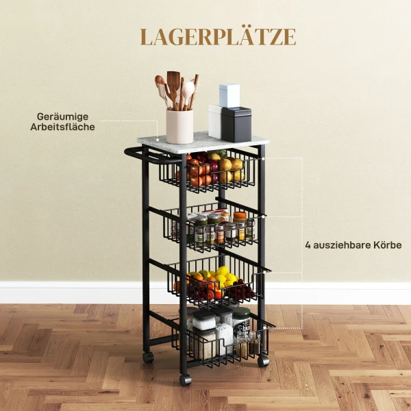 4 traps keukenwagen op wielen, rolbare serveerwagen, keukentrolley met 4 stalen manden, serveerwagen 5