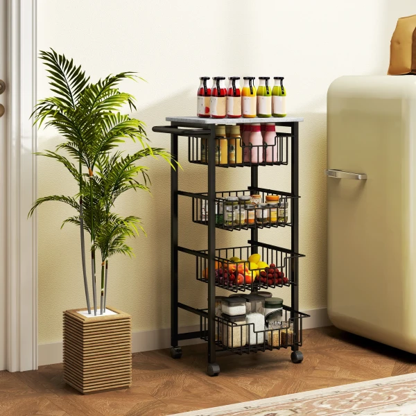 4 traps keukenwagen op wielen, rolbare serveerwagen, keukentrolley met 4 stalen manden, serveerwagen 9