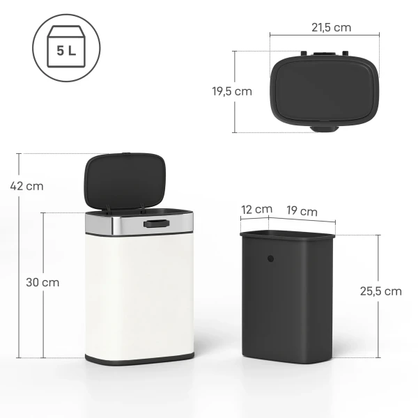5 L Prullenbak, Vrijstaand Of Hangend Te Plaatsen, Roestvrij Staal, Crèmewit