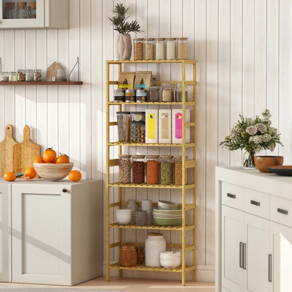 6 laags Bamboehouten Rek, Verstelbare Planken, Vrijstaand Opbergrek, Natuurhout