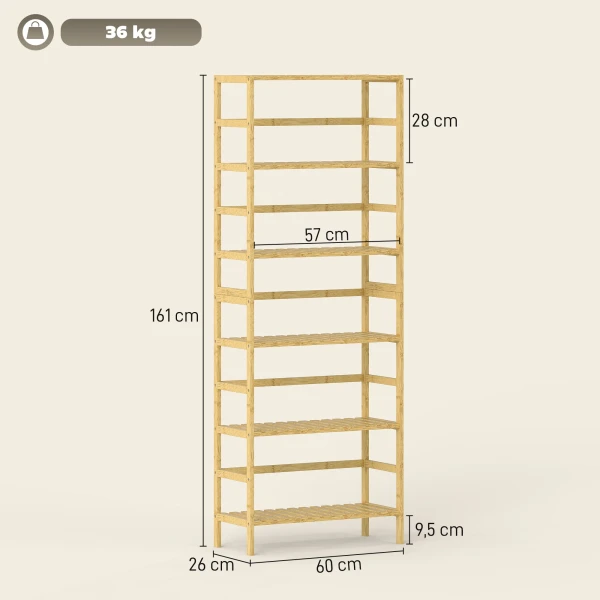 6 laags Bamboehouten Rek, Verstelbare Planken, Vrijstaand Opbergrek, Natuurhout