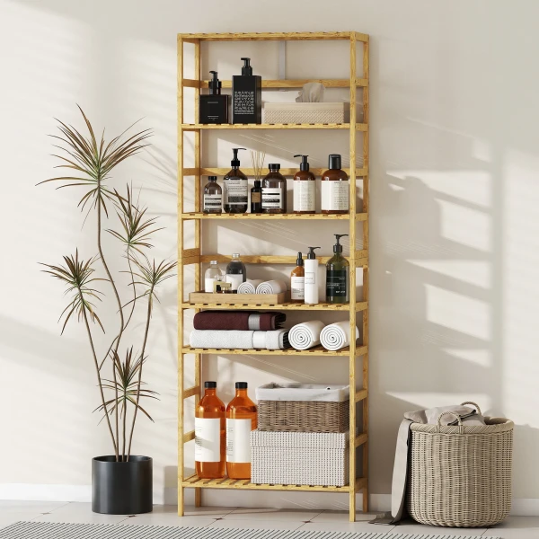 6 laags Bamboehouten Rek, Verstelbare Planken, Vrijstaand Opbergrek, Natuurhout