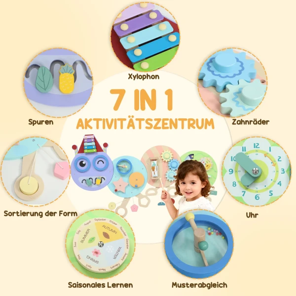 7 in 1 Muurspeelgoed, Xylofoon, Tandwielen, Rupsontwerp, MDF, 108 Cm, Kleurrijk