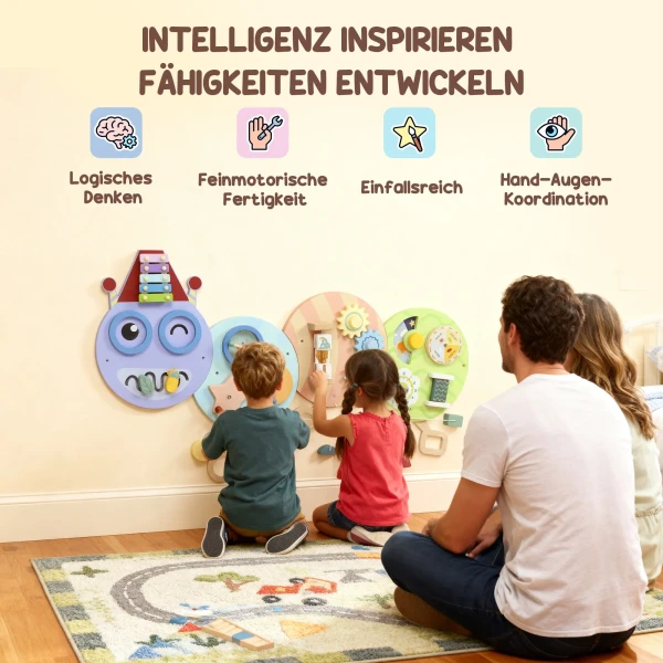 7 in 1 Muurspeelgoed, Xylofoon, Tandwielen, Rupsontwerp, MDF, 108 Cm, Kleurrijk