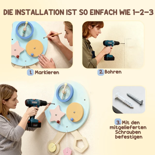 7 in 1 Muurspeelgoed, Xylofoon, Tandwielen, Rupsontwerp, MDF, 108 Cm, Kleurrijk