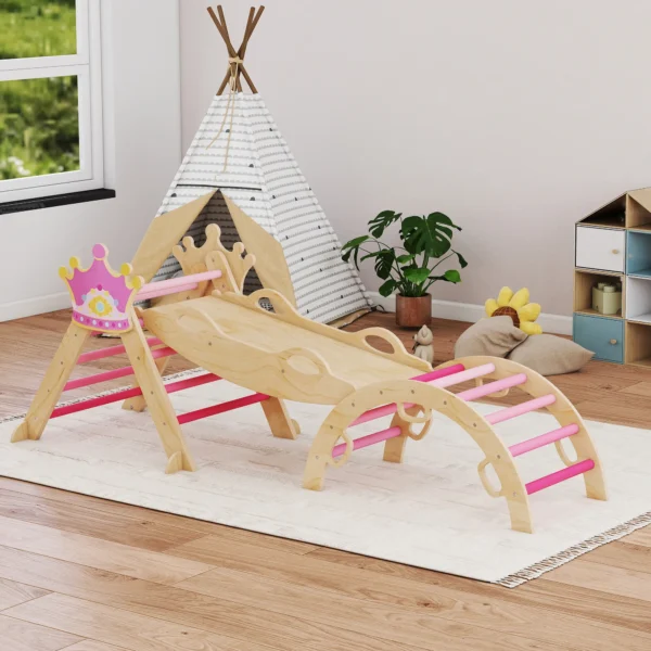 8 in 1 Indoor Klimrek Voor Kinderen, Prinsessen Design, Glijbaan, Helling, Boog, Hout