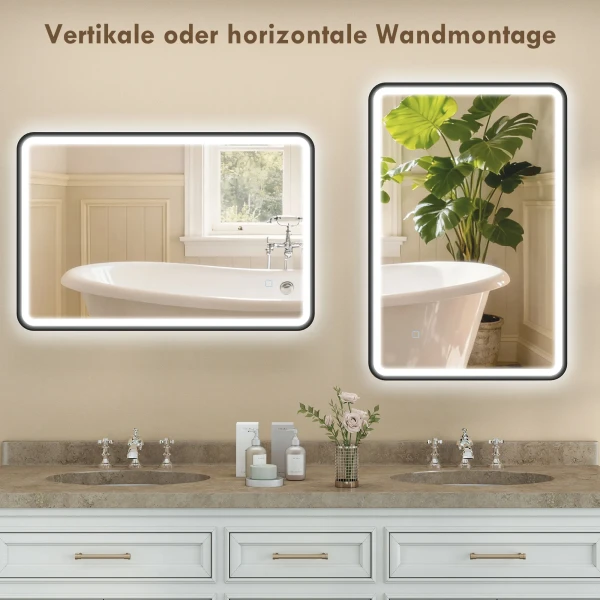 90 X 60 Cm LED Badkamerspiegel, Lichtjes, 3 Kleuren, Dimbaar, Geheugenfunctie, Horizontaal En Verticaal, Zwart