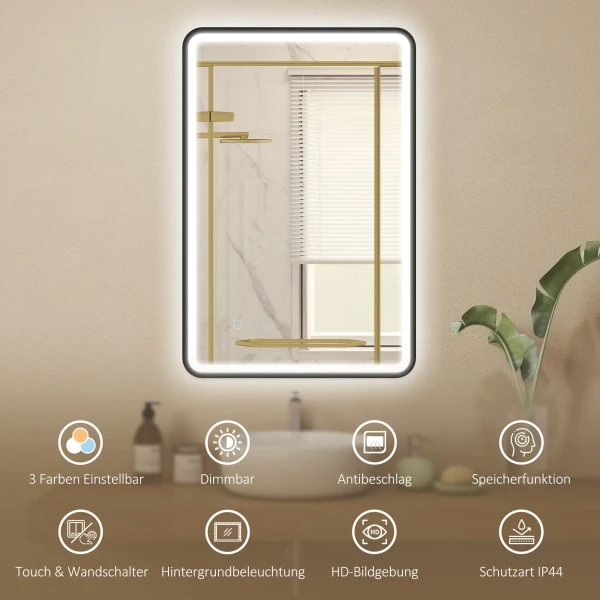 90 X 60 Cm LED Badkamerspiegel, Lichtjes, 3 Kleuren, Dimbaar, Geheugenfunctie, Horizontaal En Verticaal, Zwart