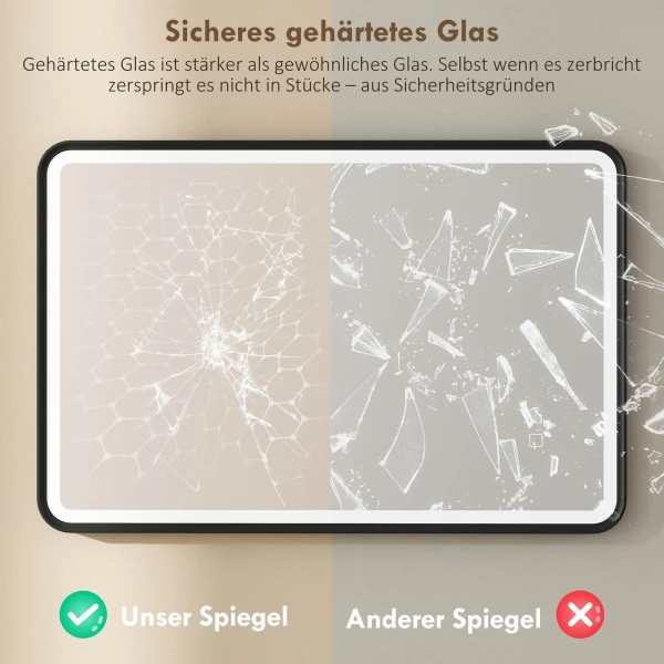 90 X 60 Cm LED Badkamerspiegel, Lichtjes, 3 Kleuren, Dimbaar, Geheugenfunctie, Horizontaal En Verticaal, Zwart