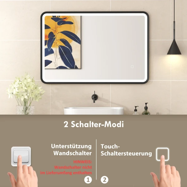 90 X 60 Cm LED Badkamerspiegel, Lichtjes, 3 Kleuren, Dimbaar, Geheugenfunctie, Horizontaal En Verticaal, Zwart