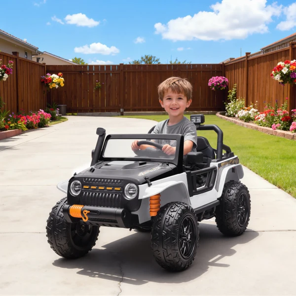 Aiyaplay elektrisch voertuig voor kinderen, 12v batterij, met ouder kind zitplaats, op afstand bestuurbaar, muziek, claxon, led lampjes, 3 8 jaar, wit 2