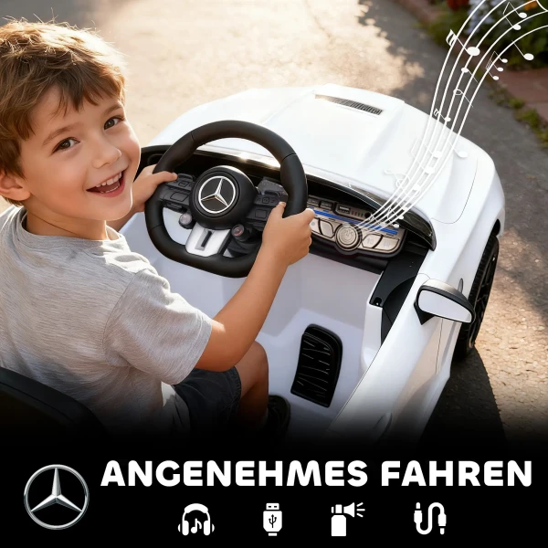 Aiyaplay kinder elektrische auto, mercedes ontwerp, 12v motoren, afstandsbediening, led lampen, muziek, voor kinderen van 3 6 jaar, wit 8