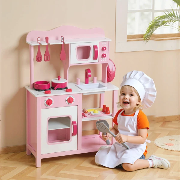 Aiyaplay kinderkeuken om te spelen, houten accessoires, keukenapparatuur, compact, geluiden, roze 2