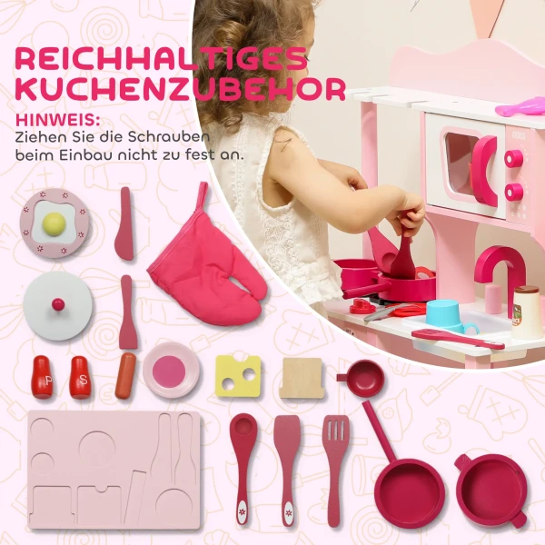 Aiyaplay kinderkeuken om te spelen, houten accessoires, keukenapparatuur, compact, geluiden, roze 6