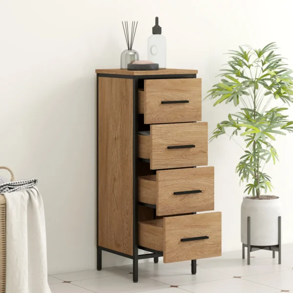 Badkamerkast, 4 Lades, Compact, Industriële Stijl, Spaanplaat, Metaal