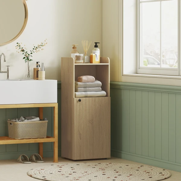 Badkamerkast Niskast Met Kast, Open Plank, Verstelbare Plank, Badkamerkast, 40 X 31 X 104 Cm, Gele Eik