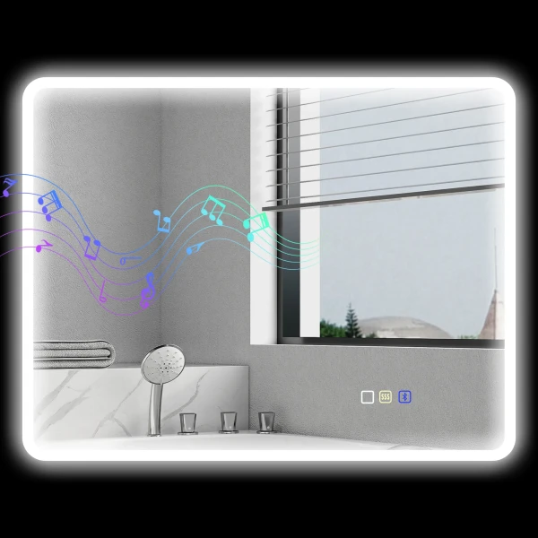 Badkamerspiegel LED Bluetooth 70 X 90 Cm Touchschakelaar Licht Instelbaar 3 Kleuren Anti condens Geheugen Zilver