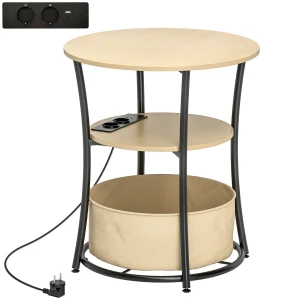 Bijzettafel 3 laags salontafel met oplaadstation, stoffen opbergzak, plank, 50x50x55,1 cm natuurhout 1